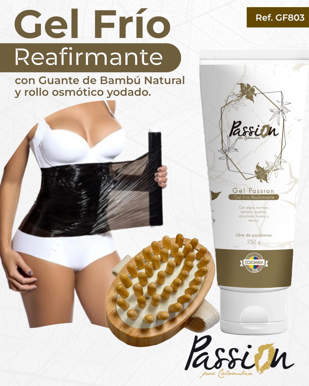 Combo Gel Frio Reafirmante + Guante masajeador de bambú + Rollo Papel Yodado Osmótico de 100 Metros